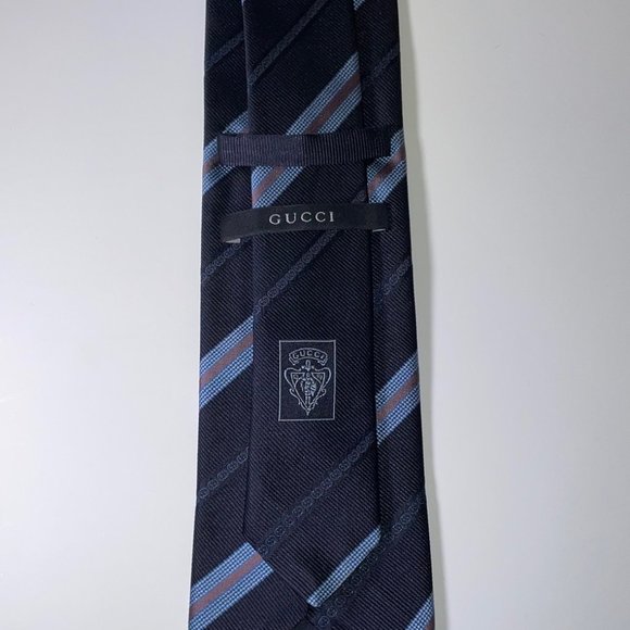 Silk Gucci Narrow Tie - Navy Blue W/Diagonal Multi Colored Stripes - EUC - Picture 3 of 3